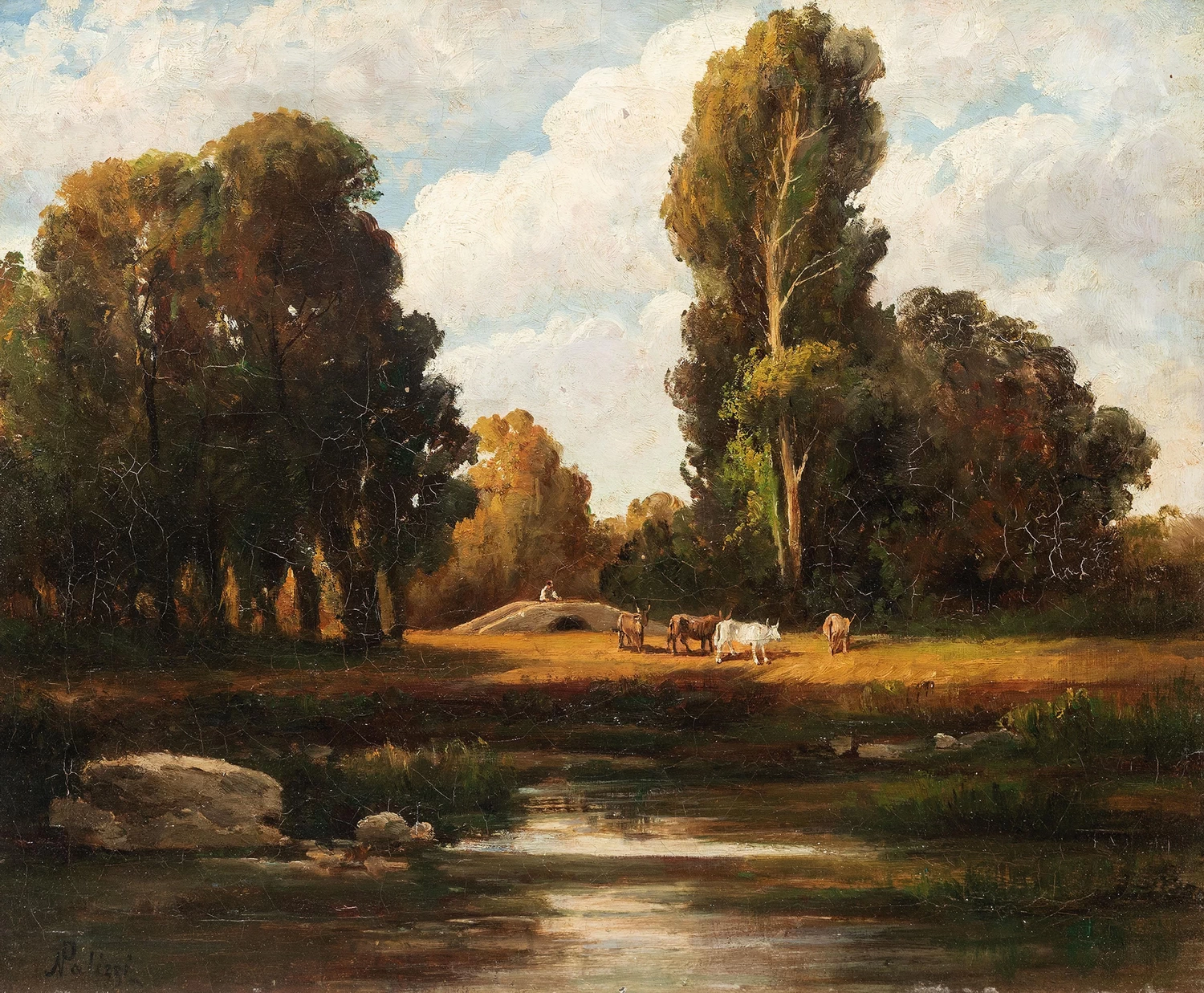 Paesaggio fluviale con buoi e contadino